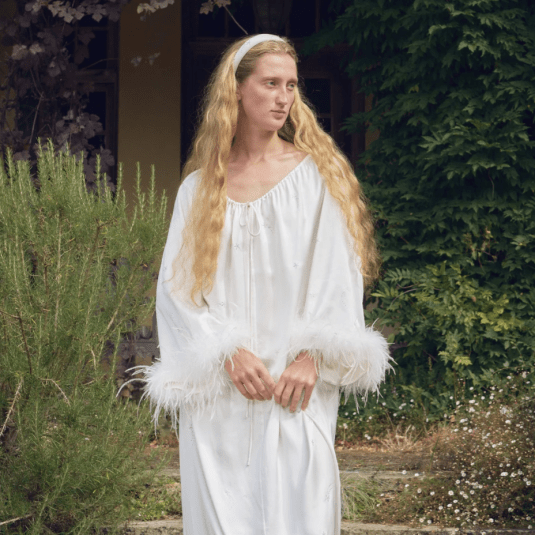 Vega Mulberry Silk Crystal-embellished Robe With Feather Trim#